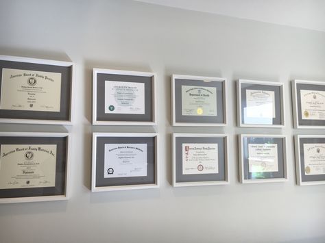 Degree Wall Display Office, Certificate Wall Display Ideas, Diploma Display Wall, Certificate Wall, Counseling Office Design, Diploma Wall, Diploma Display, Dental Business Cards, Dentist Office Design