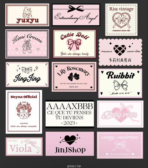 Aesthetic Scrapbook Ideas Pink, Coquette Stickers Aesthetic, Cute Business Cards Ideas Creative, Coquette Business Card, Coquette Logo Ideas, Pink Coquette Stickers, Coquette Stickers Printable Pink, Kawaii Business Cards, Girly Stickers Printable