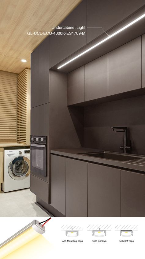 Modern kitchen with efficient undercabinet lighting provided by the GL-UCL-ECO-4000K-ES1709-M model. The image shows a sleek kitchen design with undercabinet LED lights casting a warm, ambient glow on dark countertops, enhancing visibility and adding to the room's contemporary aesthetic. The wooden overhead cabinets contrast with the dark tones of the kitchen, creating a cozy yet modern atmosphere. Lights Inside Kitchen Cabinets, Profile Light Kitchen Cabinet, Led Strip Lighting Under Kitchen Cabinets, Led Kitchen Lighting Under Cabinet, Cabinet Led Lighting Kitchens, Kitchen Led Strip Lighting, Led Lights For Cabinets, Led Light In Cabinet, Kitchen Cabinets Height