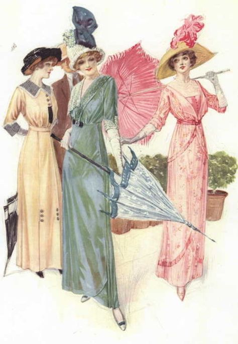 Dresses, 1912 US, the Delineator vintage fashion plate 1912 Fashion, 1914 Fashion, Fashion 1910, 1910s Fashion, Fashion Illustration Vintage, Three Women, Edwardian Dress, Retro Mode, Vintage Couture