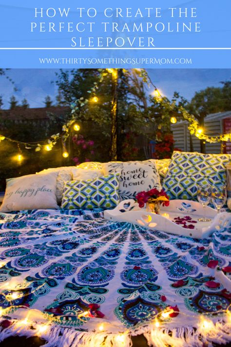 #AD See how I created a backyard oasis that makes the perfect setting for a trampoline sleepover. Would you spend the night here? #Outdoors #oasis #retreat #boho #bohostyle #trampoline #sleepover #oasis #create #gardens #home #homedecorideas #trampoline