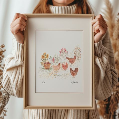 Spring chicken print - Chicken flock in the garden, watercolour chickens floral print, cottage core wall art & romantic cottage decor This listing is for a modern contemporary fine art limited edition print. Perfect cosy cottage wall art in calm, settled colours. The piece is personally signed and numbered by myself and is limited to only 50 art prints.  The artwork is printed on 200 gsm fine art recyclable FSC certified archival paper.  Artwork size is A4 (21 x 30cm), which fits in standard siz Watercolour Garden Paintings, Watercolour Chicken, Print Out Wall Art, Romantic Cottage Decor, Painting Of Garden, Cottage Core Wall Art, Chicken Flock, Watercolour Wall Art, Chicken Pictures