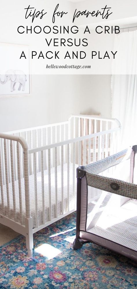 What should baby sleep in?? If you're a new mom or dad debating purchasing a crib vs. pack and play, this post is for you! Let me save you some time as I unpack the pros and cons of cribs, pack and plays, and more! Pin this post for your new baby checklist. #newbaby #newmom #newdad #newparent #parentingtips #babies Pack N Play Nursery Room Ideas, Pack And Play As Crib, Pack And Play Mattress, Cradles And Bassinets, New Baby Checklist, Mom Checklist, Graco Pack N Play, Boho Baby Room, Best Crib