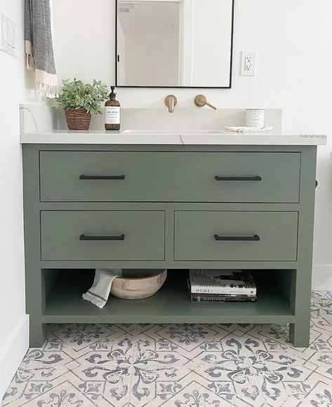 Behr Conifer Green painted vanity DIY idea Bathroom Cabinet Colors Behr, Modern Farmhouse Green Bathroom, Diy Green Bathroom Vanity, Behr Conifer Green Paint, Green Vanity Cabinet, Conifer Green Paint, Bathroom With Sage Green Cabinets, Behr Conifer Green Bedroom, Behr Green Cabinets Kitchen