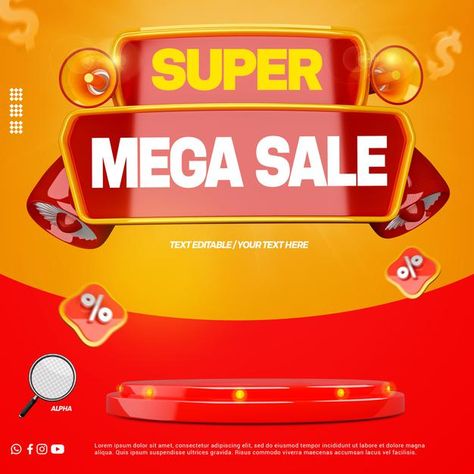 Premium PSD | 3d render super mega sale with podium for general stores campaign in portuguese Ancient Paper, Typo Design, Promotional Banners, Banner Ads Design, Psd Template Free, Gaming Wallpapers, Sale Banner, Social Media Banner, 3d Render