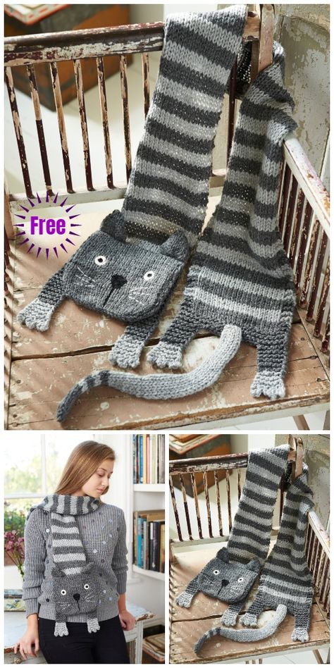 Knit Tabby Cat Scarf Free Knitting Pattern Tricot Harry Potter, Cat Scarf Pattern, Knitting Patterns Free Scarf, Cat Scarf, Knitted Cat, Knitting Blogs, Kids Scarf, Scarf Knitting Patterns, Crochet Cat