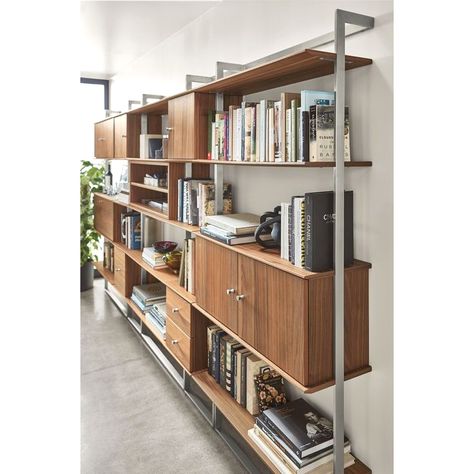 #organization #diystorage #storageideas Room And Board Beam Bookcase, Bookshelves Over Sofa, Modern Shelves Living Room, Storage Wall Ideas, Full Wall Bookshelf, Wall Unit Shelving, Wood Shelves Wall, Mid Century Shelving Unit, Wall Mounted Bookcase