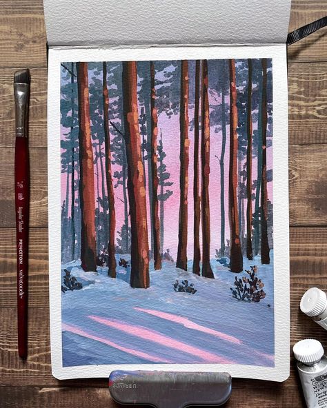 Photos Of Trees, New Year Art, Gouache Illustrations, Painting Snow, Gouache Art, Winter Painting, Small Canvas Art, First Snow, Nature Art Painting