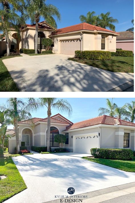 Before and after, Florida style home, stucco, red orange terracotta tile roof. Kylie M Interiors Edesign, online paint colour consulting, best paint colors blog and advice Terracotta Roof House, Outside House Paint Colors, Stucco House Colors, Outdoor House Paint, Outdoor Paint Colors, Florida Style Homes, Outside House Paint, Red Roof House, Stucco Colors