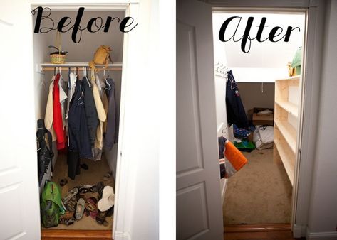 Unique way to fix lighting and access to poorly used space under stairs. Entry Closet Organization, Hall Closet Organization, Small Closet Shelving, Nice Closet, Front Hall Closet, Hang Necklaces, Closet Under Stairs, Narrow Closet, Deep Closet