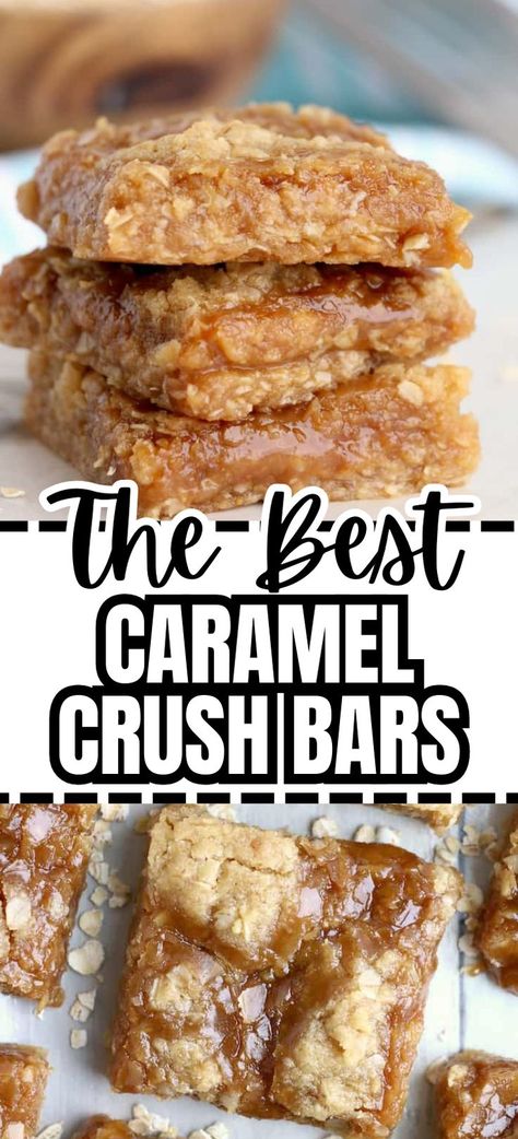 Collage of three caramel crush bars stacked atop one another at to and overhead shot of caramel crush bar at bottom. Nanny Ideas, Easy Bar Recipes, Easy Caramel, Gooey Caramel, Caramel Desserts, Caramel Bars, Dessert Bar Recipe, Ooey Gooey, Cookie Bar Recipes