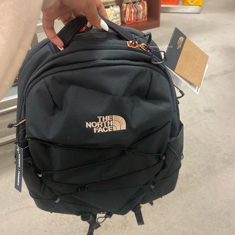 Rose Gold & Black Northface Backpack North Face Backpack Rose Gold, North Face Backpack School Black, Northface Jester Backpack Woman, Black And Rose Gold North Face Backpack, Black Northface Backpacks Aesthetic, Northface Recon Backpack, Black Bookbag Aesthetic, North Face Backpack School Jester, Black North Face Backpack Aesthetic