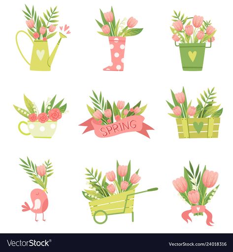 Flower Pot With Flowers Drawing, Flower Pots Illustration, Spring Vector Art, Tulip Bouquet Illustration, Carpenter Workshop, Flower Pot Clipart, Gardening Illustration, Drawing Planner, Spring Floral Design