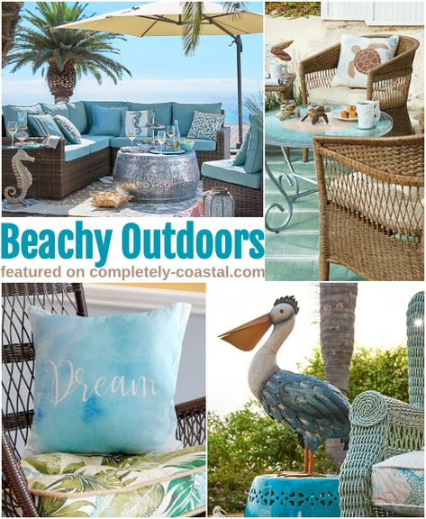 Beach Themed Patio Ideas, Beach Theme Outdoor Decor Patio, Beachy Patio Ideas, Patio Beach Theme, Outdoor Beach House Decor, Beach Patio Decor, Beach House Patio Coastal, Nautical Backyard Ideas, Beach Theme Patio Ideas Outdoor Living