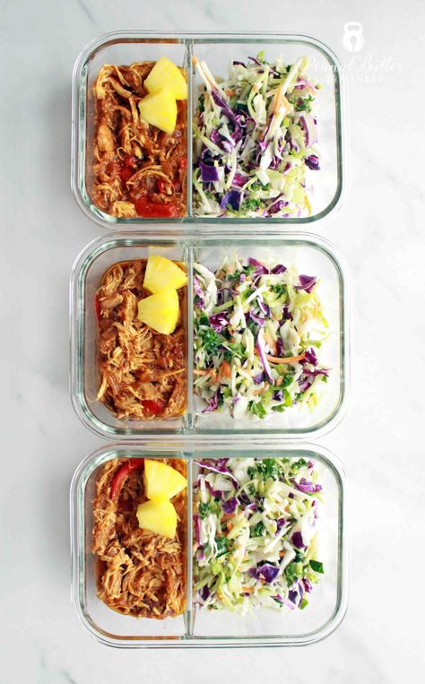 Hawaiian BBQ Chicken and Slaw Meal Prep - Peanut Butter and Fitness January Whole30, Hawaiian Bbq Chicken, Freezer Prep, Noom Recipes, Macro Counting, Fit Meals, Slow Cooker Times, Corn Relish, Lunch Prep