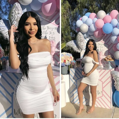 White Dress For Gender Reveal, Gender Reveal Hairstyles For Mom, White Dress Gender Reveal, White Gender Reveal Dresses For Mom, Cute Gender Reveal Outfits For Mom, White Gender Reveal Dress, Outfits Para Baby Shower Mama, Gender Reveal Outfit For Mom Black Women, Gender Reveal Dress Ideas