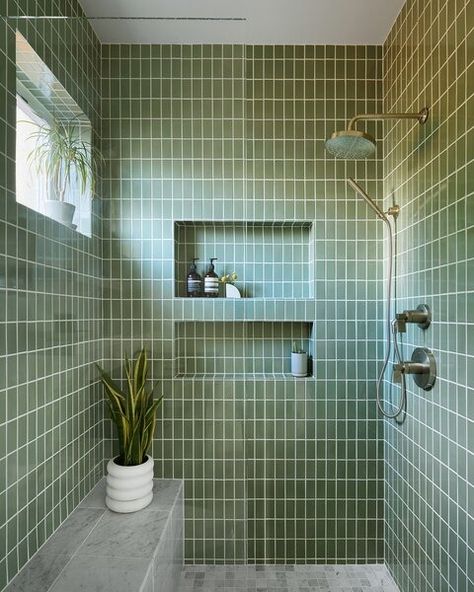 Bathroom Design Photos and Ideas - Dwell Green Tile Small Bathroom, Green Tiled Shower Room, Green Tiled Shower Ideas, Green Shower Tile Bathroom, Green Tile Shower Ideas, Green Shower Tile, Green Tile Bathroom, Fireclay Tile, Green Tile