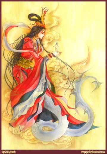 Nü-Kua emerged from the heavens and roamed the Earth and was awed by all of its beauty, but the world was devoid of creatures, and She had n... Goddess Of Creation, Chinese Goddess, Female Deity, World Mythology, Legends And Myths, The Boogeyman, Chinese Mythology, Goddess Art, Ancient Chinese