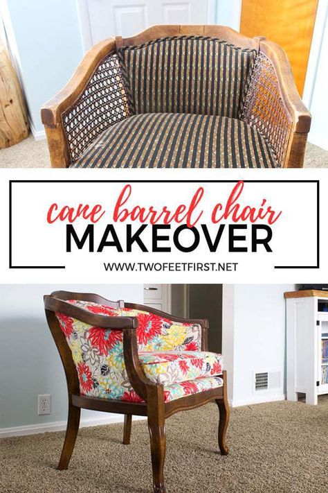 Do you have a cane barrel chair that needs a makeover? Use this DIY tutorial on how to remove that old cane and reupholster your barrel chair. #twofeetfirst #diy #chair #homedecor Cane Barrel Chair, Rocking Chair Diy, Cane Chair Makeover, Reupholster Chair Diy, Diy Barrel, Diy Furniture Upholstery, Reupholster Chair Dining, Cane Back Chairs, Reupholster Chair