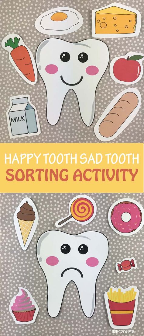 Happy tooth sad tooth dental health sorting activity / game for preschoolers, kindergartners and older kids. Use the template to play this game and talk about taking care of our teeth, how to properly brush our teeth, how to floss and avoid cavities. #happytoothsadtooth #happytoothsadtoothgame #happytoothsadtoothactivity #toothcraft #toothcraftforkids #dentalhealth Preschool Dental Hygiene Activities, Healthy Teeth Activities For Preschool, Tooth Projects For Preschool, Teeth Ideas For Preschool, At The Dentist Preschool, Teeth Activity For Preschoolers, Dental Prek Activities, Nutrition Games For Preschoolers, Dental Theme Preschool Activities