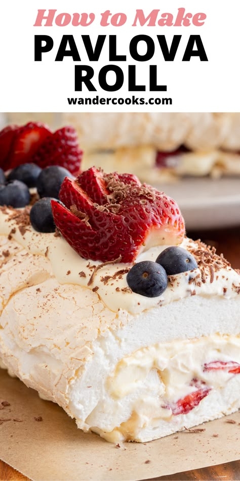 Dessert is sorted for your next gathering with the best Pavlova Roll you’ll ever eat. Berries and whipped cream are rolled and encased in this easy meringue roulade – crispy on the outside, and soft on the inside – how it should be. Make ahead or on the day! Pavlova Recipe Easy, Best Pavlova, Pavlova Roll, Easy Meringues, Meringue Roulade, Roulade Recipe, Pavlova Dessert, Meringue Desserts, Pavlova Recipe