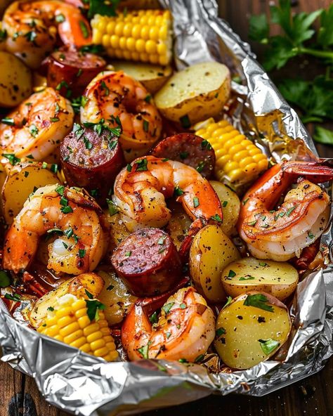 Potatoes And Smoked Sausage, Shrimp Boil Foil Packs, Shrimp Boil Foil, Shrimp Corn, Foil Pack Meals, Foil Packs, Shrimp Boil, Foil Packets, Smoked Sausage