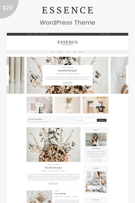 Essence - WordPress Blog Theme Blog Post Layout, Website Design Inspiration Layout, Blog Wordpress, Blog Themes Wordpress, Website Design Layout, Mobile Responsive, Wordpress Website Design, Web Layout Design, Blog Themes