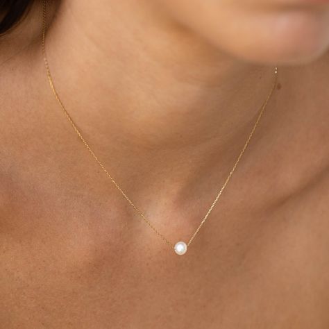 Floating Pearl Necklace - Caris Gold Necklace For Bride, Necklace For Bride, Puffy Heart Necklace, Floating Pearl Necklace, Mother Jewelry, London Blue Topaz Ring, Classic Necklace, Stacked Jewelry, Solid Gold Jewelry