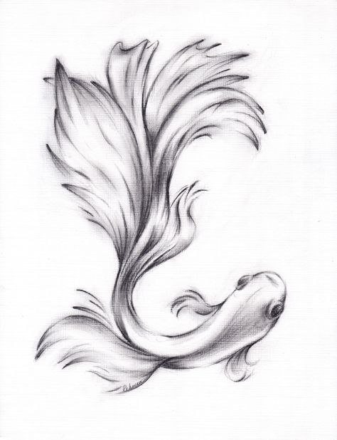 Fish Charcoal Drawing, Ibong Adarna Drawing, Beta Fish Drawing, Betta Tattoo, Betta Fish Tattoo, Fish Sketch, Koi Tattoo Design, Coy Fish, Koi Fish Drawing