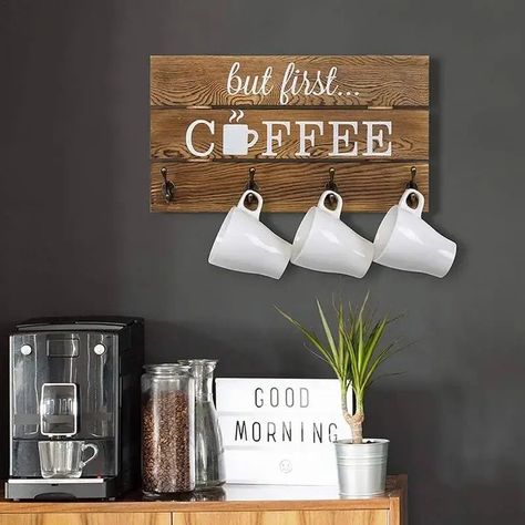 "But First Coffee" - Mug wall rack is ideal for farmhouse-style decor, enhancing your coffee bar or kitchen with both aesthetics and functionality Shop now! #mugs #mugrack, #mugorganizer, #giullywowdecor Mug Wall Rack, Coffee Mug Wall Rack, But First Coffee Sign, Burnt Wood Finish, Contemporary Rustic Decor, Coffee Mug Holder, Rustic Mugs, Mug Display, Coffee Wall Decor