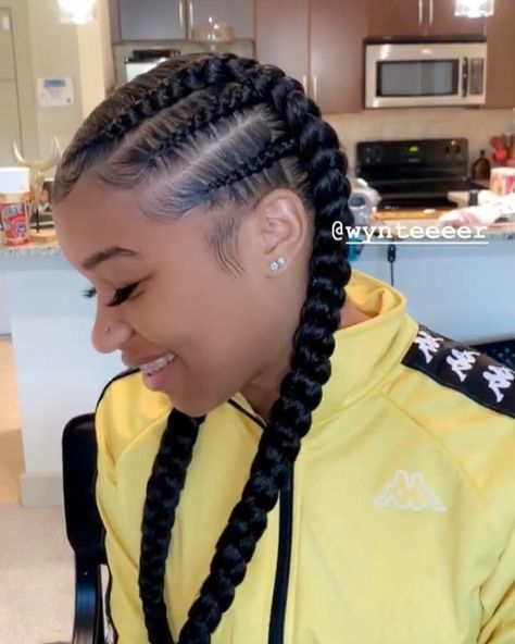 6,769 Likes, 92 Comments - Celebrity Hairstylist (@wynteeeer) on Instagram: “Two braids on da sides into two braids  #invisibleponytail #hairbywyn #lahair #lahairstylist…” Two Braid Hairstyles, Celebrity Hairstylist, 2 Braids, Twisted Hair, Big Braids, Big Box Braids Hairstyles, Feed In Braids Hairstyles, African Hair Braiding Styles, Feed In Braid