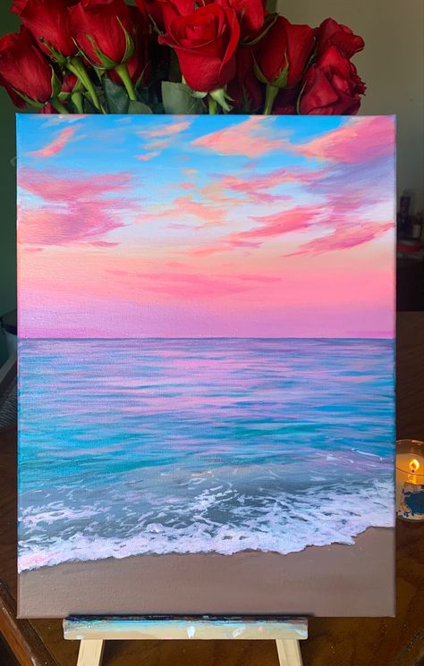 Pastel Ocean Painting Painting Ideas On Canvas Aesthetic Sunset, Pink Sunset Canvas Painting, Happy Landscape Painting, Sunset Pink Painting, Colorful Ocean Painting, Pink Beach Sunset Painting, Pink Purple Sunset Painting, Sunset And Ocean Painting, Pink And Blue Sunset Painting