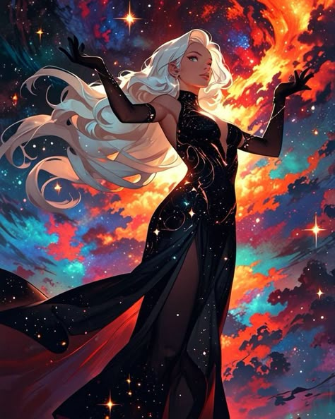 Card Themed Outfit, Cosmic Dress, Dark Starry Sky, Air Goddess, Woman With White Hair, Cosmic Queen, Otherworldly Beauty, Glowing Hair, Nebulas