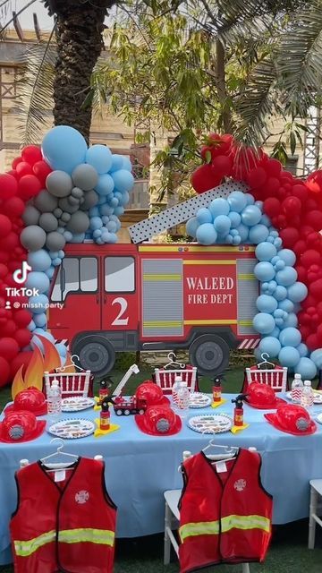 Birthday Firetruck Theme, Firetruck Birthday Balloons, Firetruck Birthday Party Balloons, Fire Truck Bday Party, Fire Truck Birthday Theme, Fire Truck Birthday Party Decorations, Firetruck Party Favor, Four Year Old Firetruck Birthday, Fire Truck Party Decorations