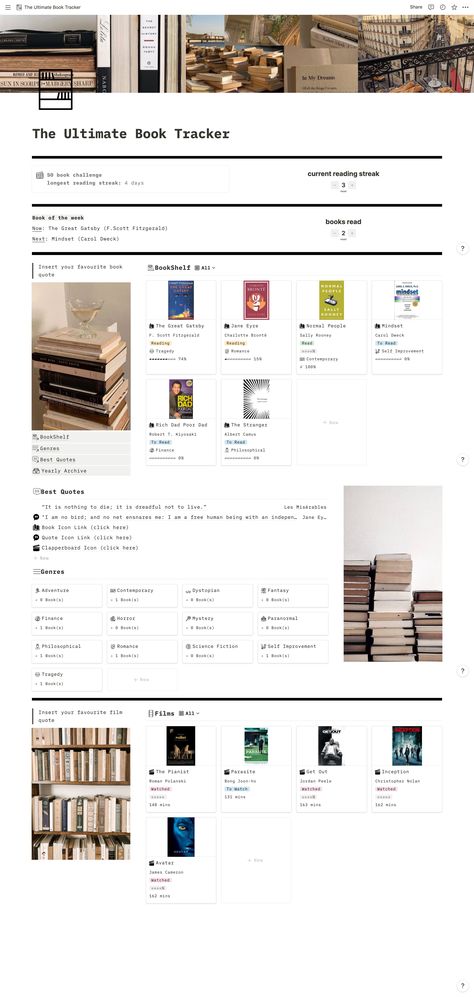 The Ultimate Book Tracker notionaesthtic Notion Book Shelf Template, Notion Films Template, Book Shelf Template, Notion Book Template, Notion Bookshelf Template, Book Notion, Bookshelf Template, Notion Hacks, Notion Book Tracker