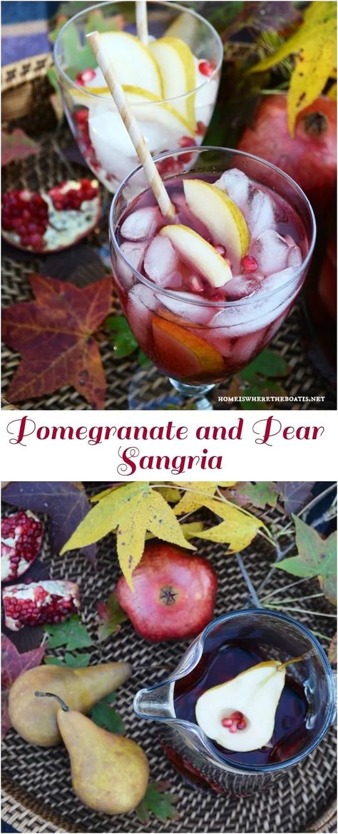 Pomegranate and Pear Sangria, as easy to mix as is to drink! The perfect beverage to serve for a crowd for Thanksgiving! | ©homeiswheretheboatis.net #fall #Thanksgiving #cocktail Pomegranate Sangria Recipes, Pear Sangria, Pie Crust Leaves, Pomegranate Sangria, Thanksgiving Sangria, Turkey Desserts, Thanksgiving Turkey Dinner, Pecan Pie Muffins, Thanksgiving Cocktail