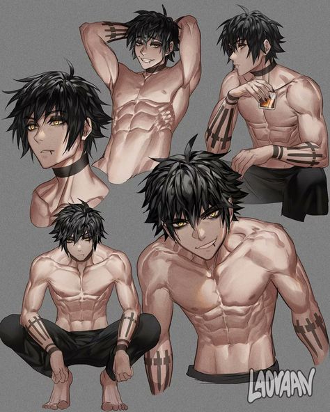 Laovaan Art, Poses Anime, Anime Demon Boy, Dark Anime Guys, Anime Guys Shirtless, Character Design Male, Anime Boyfriend, Anime Drawings Boy, Anime Poses Reference