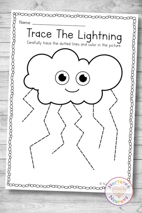 Practice pencil skills with this cute, weather themed line tracing worksheet - and they can color it in when they're done! Just print off and get some pencils and you're good to go! Grab the kindergarten worksheet over at Nurtured Neurons! #kindergartenworksheets #preschoolworksheets #printableworksheets #kindergarten #weathertheme #linetracing #tracingpages #tracingworksheets Pencil Skills, Line Tracing Worksheets, Weather Worksheets, Preschool Weather, Prewriting Skills, Preschool Tracing, Pre Writing Activities, Tracing Worksheets Preschool, Tracing Worksheets