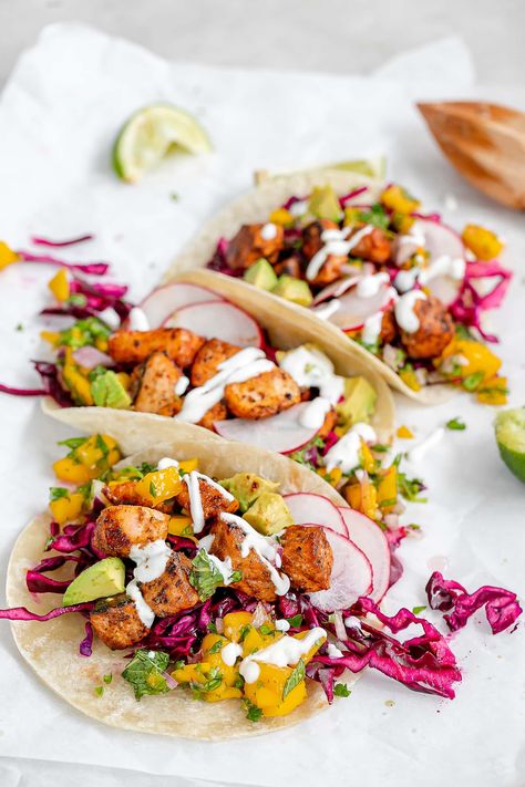 Easy Salmon Tacos, Cubed Salmon, Mango Tacos, Salmon Fish Tacos, Salmon Tacos Recipe, Mango Salmon, Tacos With Mango Salsa, Mango Salsa Salmon, Excited For Summer