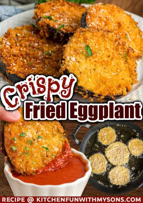 Seasoned panko breadcrumbs give this Fried Eggplant a light, crispy texture and savory flavor. Serve with marinara sauce for a quick, easy appetizer to your next Italian dinner. #easyappetizers #eggplantrecipes Fried Eggplant Recipes, Crispy Eggplant, Eggplant Parmesan Baked, Fried Eggplant, Fall Appetizers, Marinara Sauce Homemade, Kitchen Fun, Eggplant Parmesan, Homemade Marinara