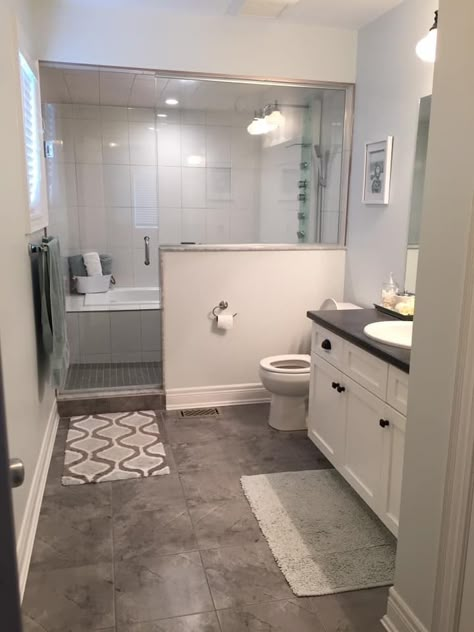 Wet Room With Half Wall, Bathroom Dry And Wet Area Partition, Small Bathroom Wet Room, Small Bathroom Wet Room Ideas, Grey Wet Room, Wet Room Shower Walk In, Manufactured Home Bathroom, Wet Room Bathroom Small Layout, Wet Area Bathroom