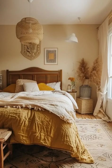 25 Yellow Boho Themed Bedroom Ideas - Bedroom With Mustard Yellow Accents, Yellow Duvet Cover Bedroom Ideas, Small Bedroom Ideas Yellow, Yellow Accents Bedroom, Mustard Accent Wall Bedroom, Cream Yellow Bedroom, Beige And Yellow Bedroom, Boho Primary Bedroom, Cozy Yellow Bedroom