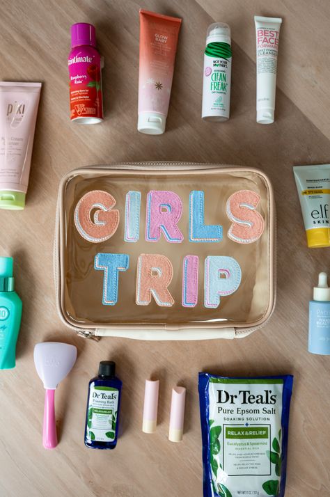 Girls’ Trip Oversized Cosmetic Bag (Cream/Tan with Colorful Letters) Girls Trip Gifts Bags, Girls Beach Trip, Trucker Hat Fashion, Survival Kit Gifts, Birthday Basket, Candy Treats, Birthday Gift Baskets, Tan Bag, Bar Bracelets