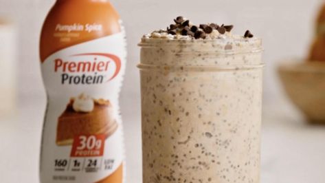 Pumpkin Spice Latte Overnight Oats | Premier Protein Latte Overnight Oats, Pumpkin Protein Shake, Protein Drink Recipes, Pumpkin Overnight Oats, Protein Overnight Oats, Pumpkin Oats, Pumpkin Spiced Latte Recipe, Premier Protein, Oats Recipe