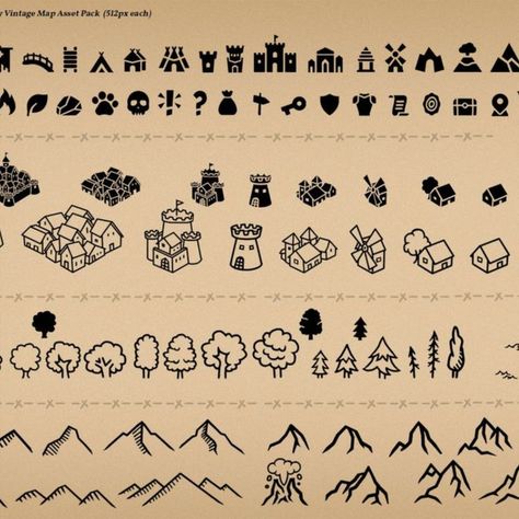 Fantasy Vintage Map Assets & Icons Fantasy Map Drawing Ideas, Map Assets, Fantasy Vintage, Map Sketch, Drafting Drawing, Fantasy Map Making, Map Symbols, Dnd World Map, Imaginary Maps