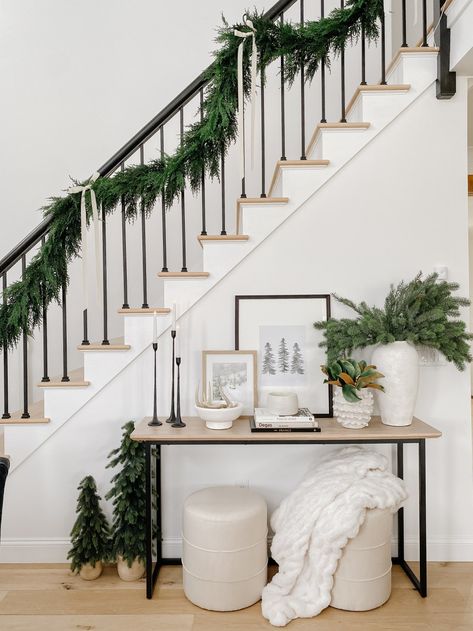 HOLIDAY HOME TOUR 2021 - Red White & Denim Christmas Decorations Hallway, Christmas Entryway Bench, Christmas Stairway Decorations, Stairs Christmas Decor, Christmas Decor Stairs, Stairway Decorating Christmas, Entrance Christmas Decor, Christmas Decorations Aesthetic, Stairway Decor Ideas