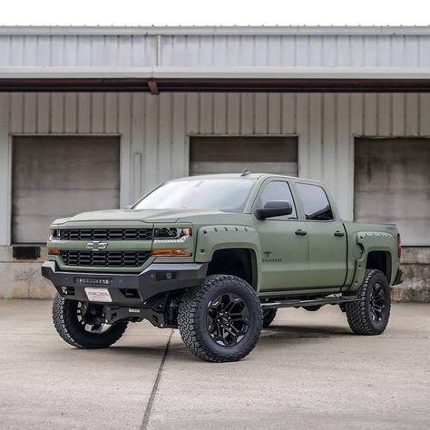 To those who defend the freedom of our great nation and ensure the safety of those who call it home, this truck was built to honor you. This is the SCA Armed Forces Edition Black Widow in OD Green. When you buy an Armed Forces Black Widow, we donate to Wish For Our Heroes Inc. on your behalf. It's our way of giving back to those who sacrifice so much. Learn More ---> SCAperformance.com/chevy-black-widow . . . . #armedforces #blackwidow #chevy #chevrolet #chevysilverado #bfgoodrich #... Black Widow Chevy Silverado, Old Black Chevy Truck, Black Widow Truck, Truck Bed Date, Semi Trucks Humor, Fire Truck Room, Truck Bedroom, Truck Chevy, Truck Tattoo