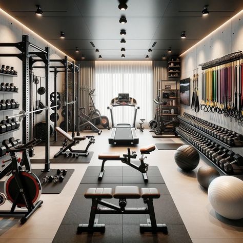 High End Home Gym, Gym Room At Home Luxury, Narrow Home Gym, Dream Home Gym Luxury Fitness Rooms, Studio Gym Design, Modern Gyms, Luxury Gym Interior, House Gym Ideas, Modern Gym Interior Design