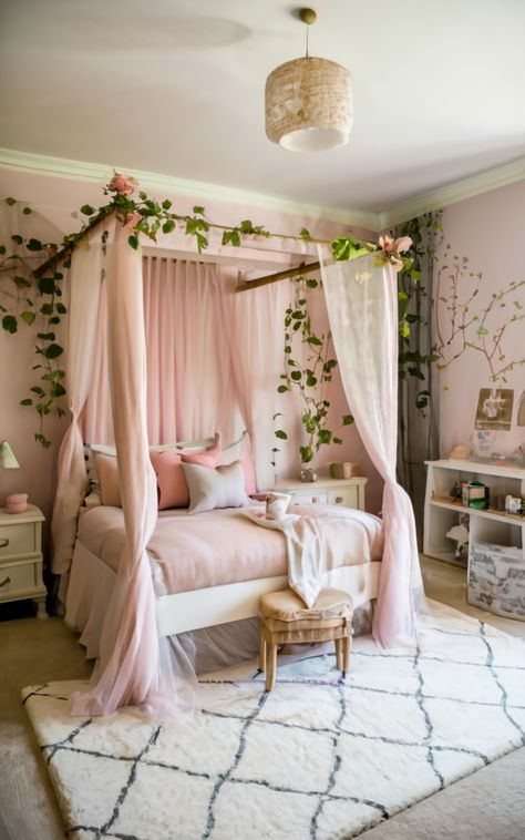 Canopy Bed Teenage Girl, Canopy Beds For Girls Room, Pink Bed Frame Bedroom Ideas, Canopy Bed With Lights, Girls Canopy Bed, Canopy Over Bed, Girls Bed Canopy, Bed For Girls Room, Bed In Closet Ideas