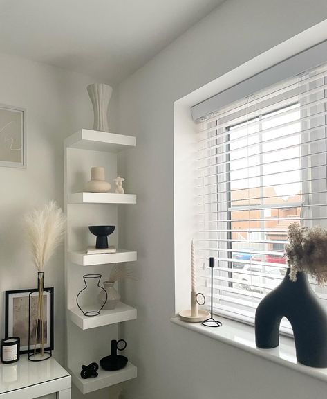 Ikea White Shelves, Lack Wall Shelf, Silhouette Vase, Ikea Wall Shelves, White Shelving Unit, Ikea Lack Shelves, White Wall Shelves, Black Living Room Decor, Shelf Decor Bedroom